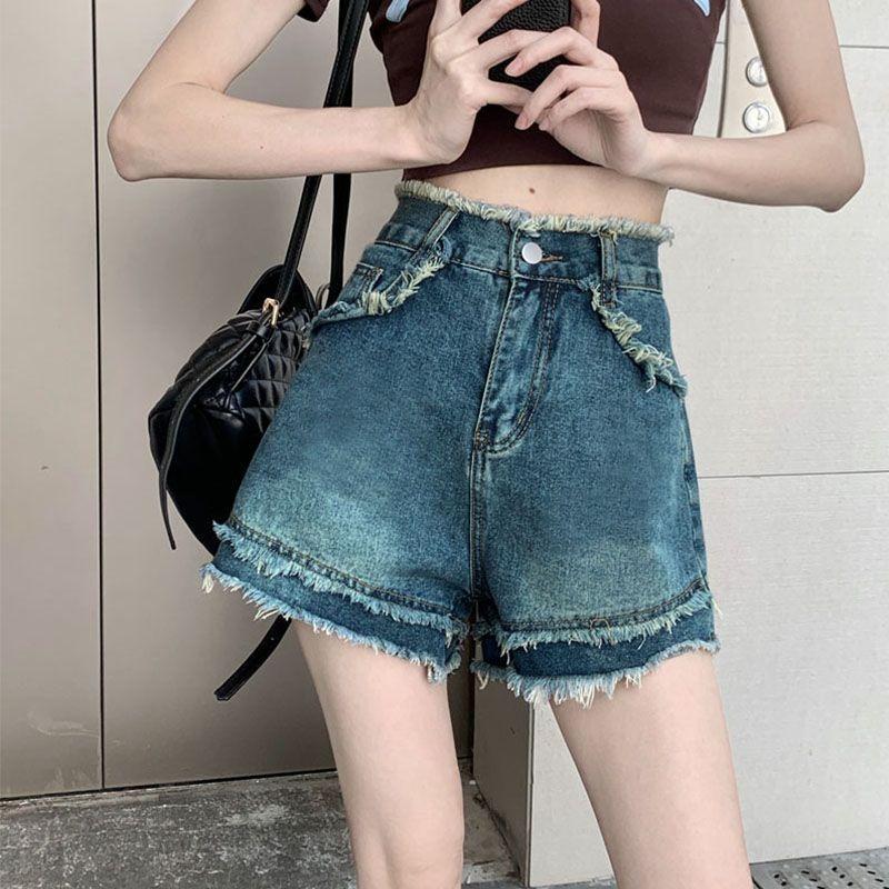 Design sense niche rough edge denim shorts women's summer new retro high waist loose and thin wide leg shorts