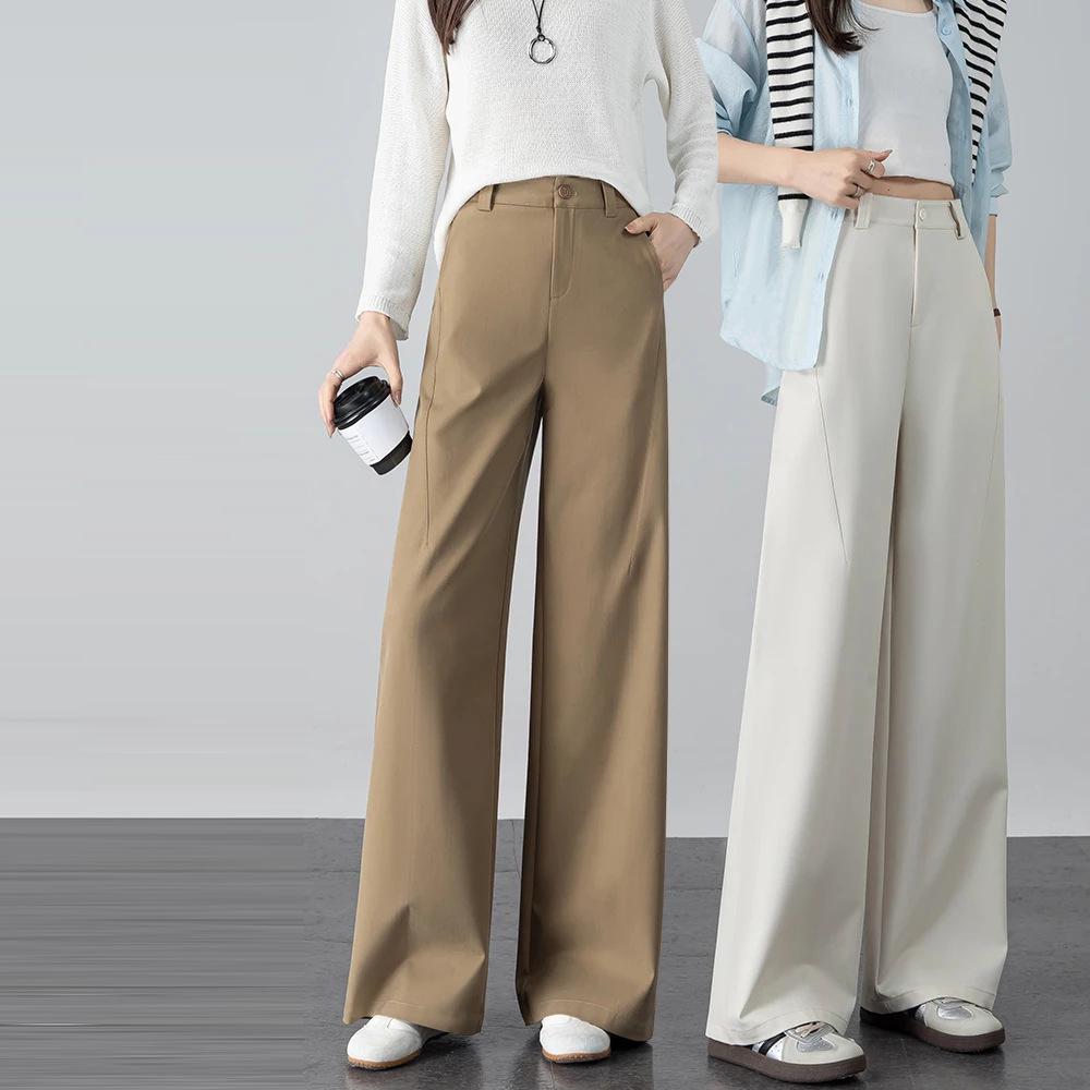 Women's High-Waisted Khaki Wide-Leg Suit Pants for Spring/Summer 2026 - Straight, Thin, and Draped
