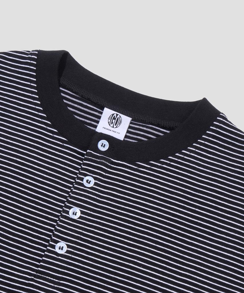 AGOD Roll-Up Snap Henley Neck Striped Half T-Shirt [Black]