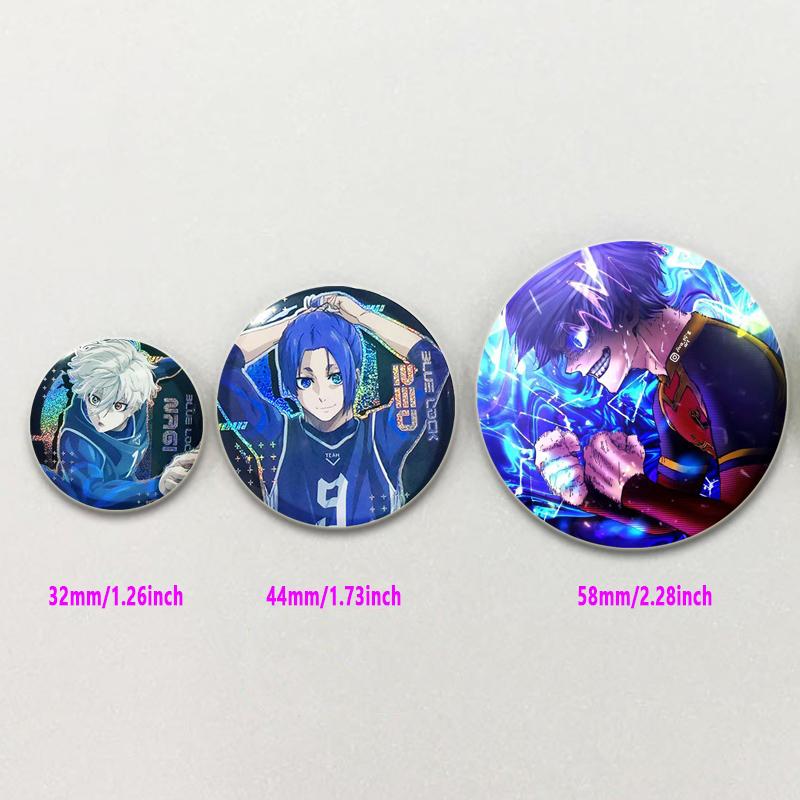32/44/58 mm runder Anime-Anstecker mit blauem Schloss, Zeichentrickfigur Isagi Yoichi, Brosche, individuell anpassbar, Snap-in-Abzeichen, Cosplay-Zubehör, Schmuck, Geschenke