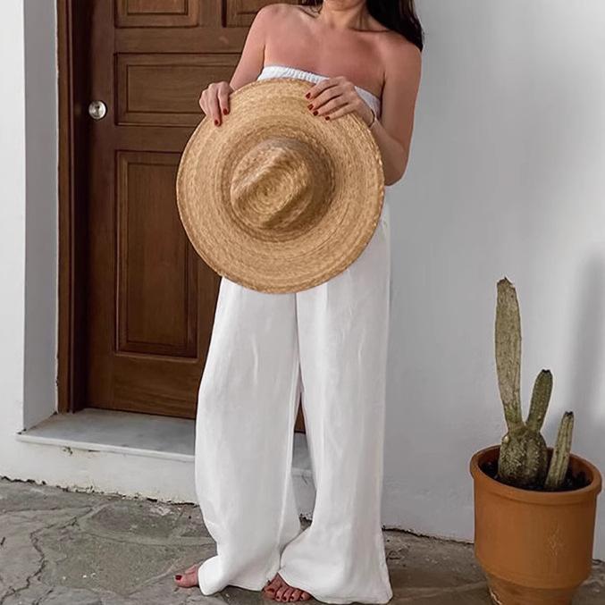 1116 European and American Summer Vacation Style New White Tube Top Cotton and Linen Vest Trousers Set Fashionable Two-piece Set