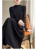 Women's Solid Color Velvet Knit Pullover Mid-Length Dress - Long Sleeve, Half High Neck, Over-the-Knee Style