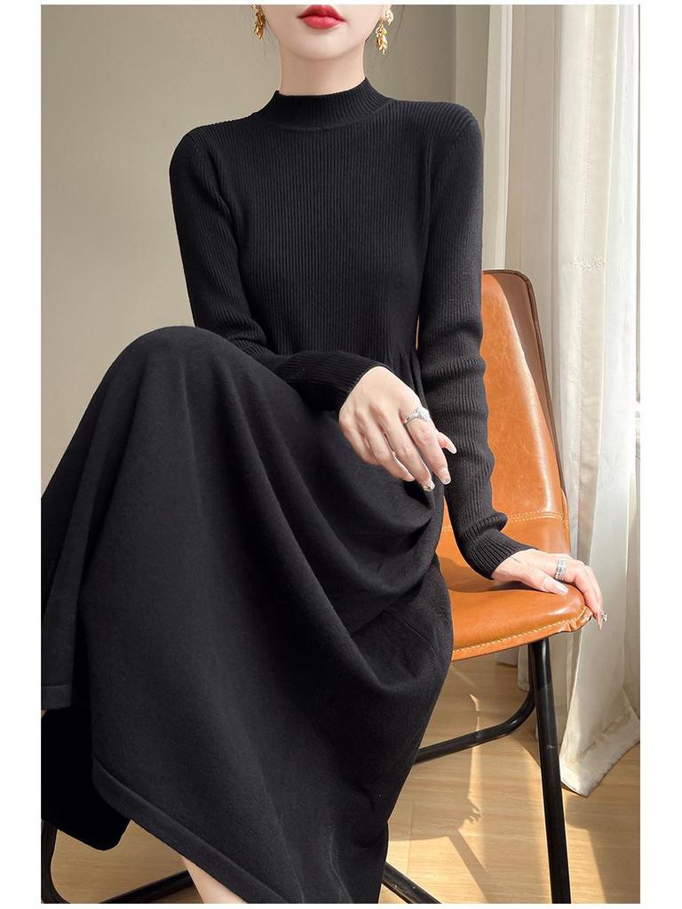 Women's Solid Color Velvet Knit Pullover Mid-Length Dress - Long Sleeve, Half High Neck, Over-the-Knee Style