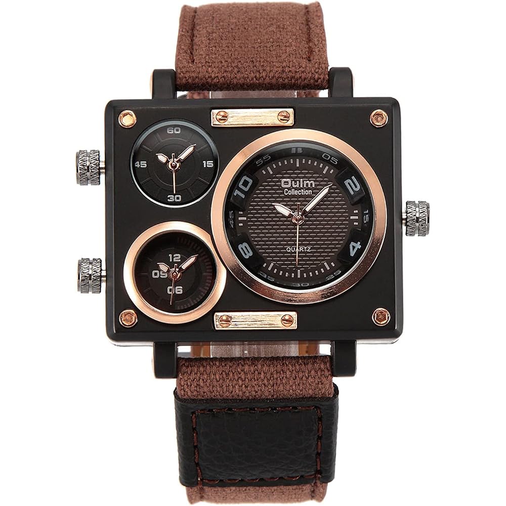Men's Square Watch Three Time Zones Waterproof Leather Strap Casual Business Brown Fashion Accessory
