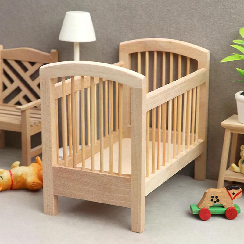 Furniture Accessories 1:12 Dollhouse Miniature Wood Baby Bed Simulation Bedroom Doll Model Doll House