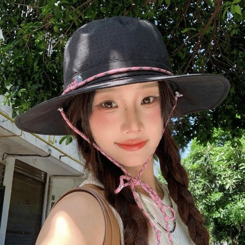Dog Sun Protection Bucket Hat Cartoon Korean Style Sunscreen Fisherman Hat with Windproof Rope Polyester Folding Sun Cap Outdoor