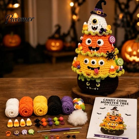 Craft Sets for Adults Halloween Tree Crochet Kit, DIY Black Cat Pumpkin Witch Handmade Yarn Projects Hat Ghost Crafting Kit Holiday Home Decor,