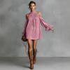 2026 Womens Loose Suede Halter Mini Dress Lantern Sleeve Sweet Party