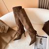3773-5 Boty na vysokém podpatku s špičatou špičkou, univerzální, hromaděné, dlouhé dámské boty 2025 podzim a zima nové látkové úzké jezdecké boty