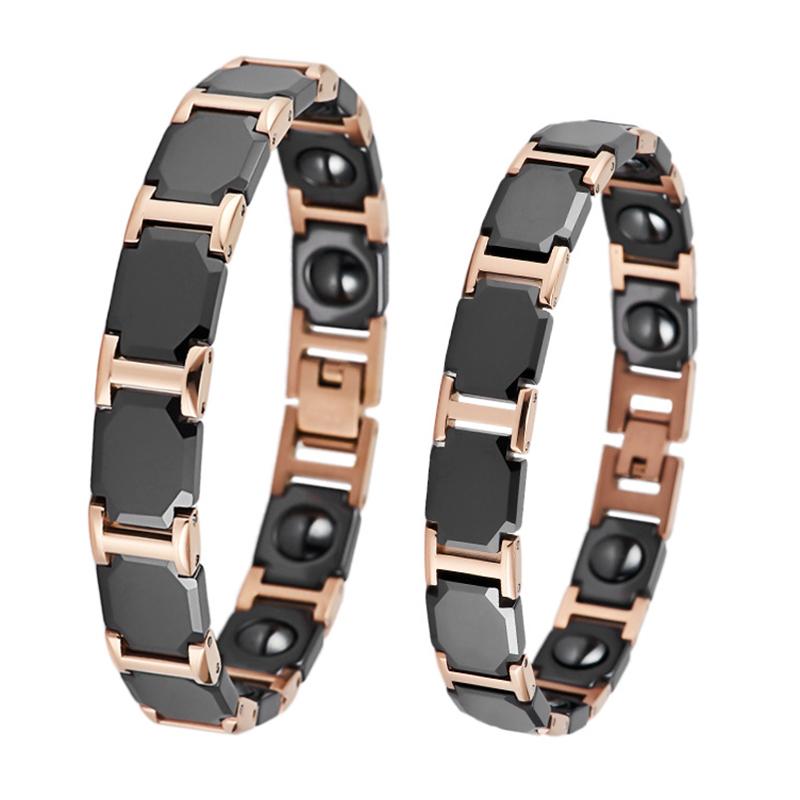 11mm Punk Rose Gold Color Black Ceramic Magnetic Health Bracelet Men Women Hiphop Stainless Steel Bike Therapy Bangle Jewelry