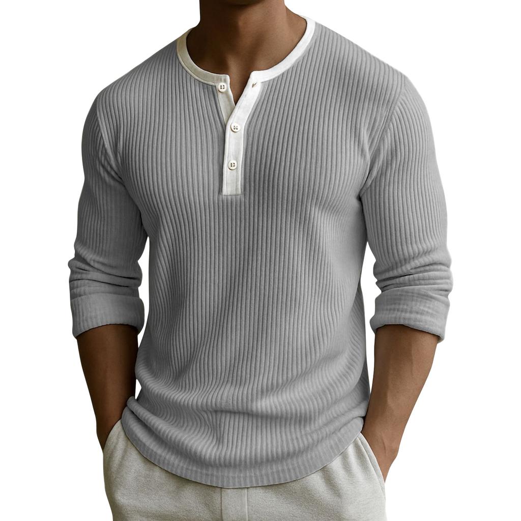 Men's Solid Color Ribbed Textured Button Down Round Neck Long Sleeved Top