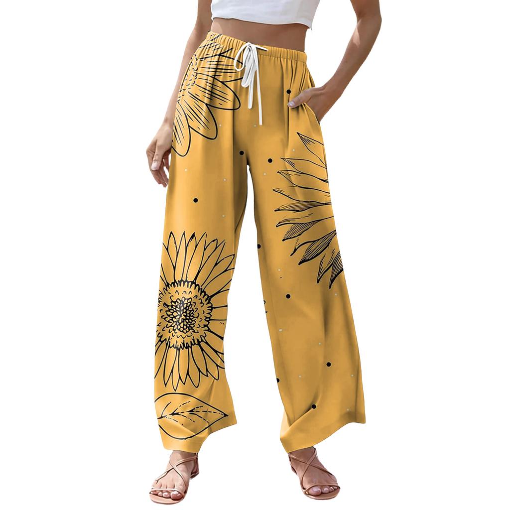 Women's Casual Retro Floral Print Wide Leg Drawstring Pocket Beach Casual Pants