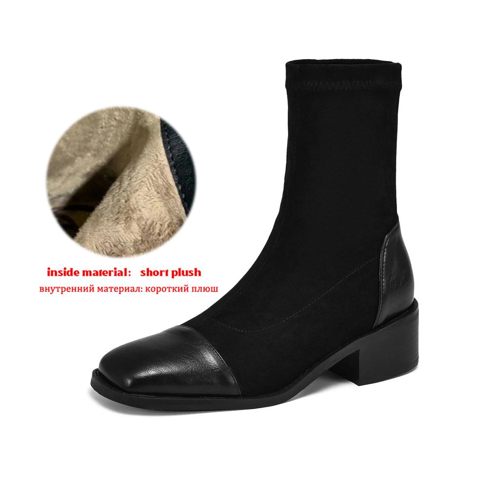 Krazing Pot Microfiber Flock Autumn Winter Shoes Thick Med Heels Size 43 Elastic Boots Stretch Patch Work Ankle Boots