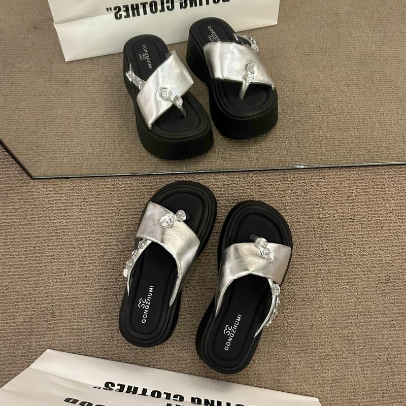 

Rhinestone toe crossed slippers women s summer wear new set of toe thick bottom fashion height-increasing flip-flops 35 серебряный