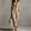 European & American Striped V-neck Summer Shirt Dress with 3/4 Sleeves
