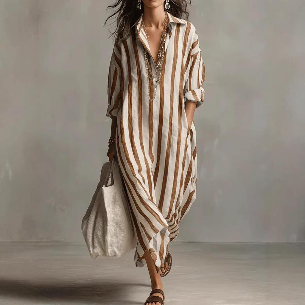 European & American Striped V-neck Summer Shirt Dress with 3/4 Sleeves
