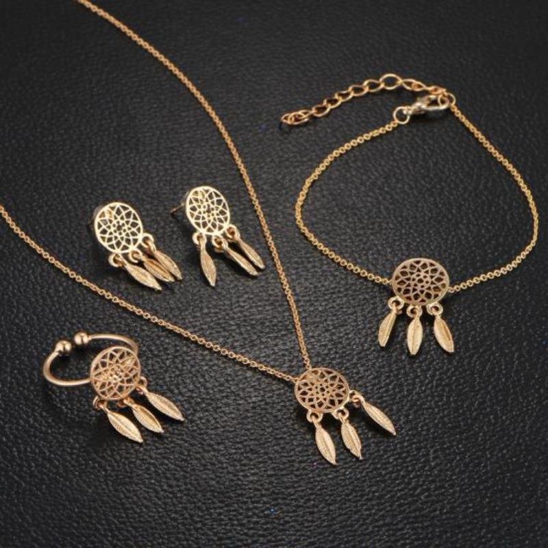 Hollow Dream Catcher Tassel Necklace Earrings Ring Bracelet Women Jewelry Set