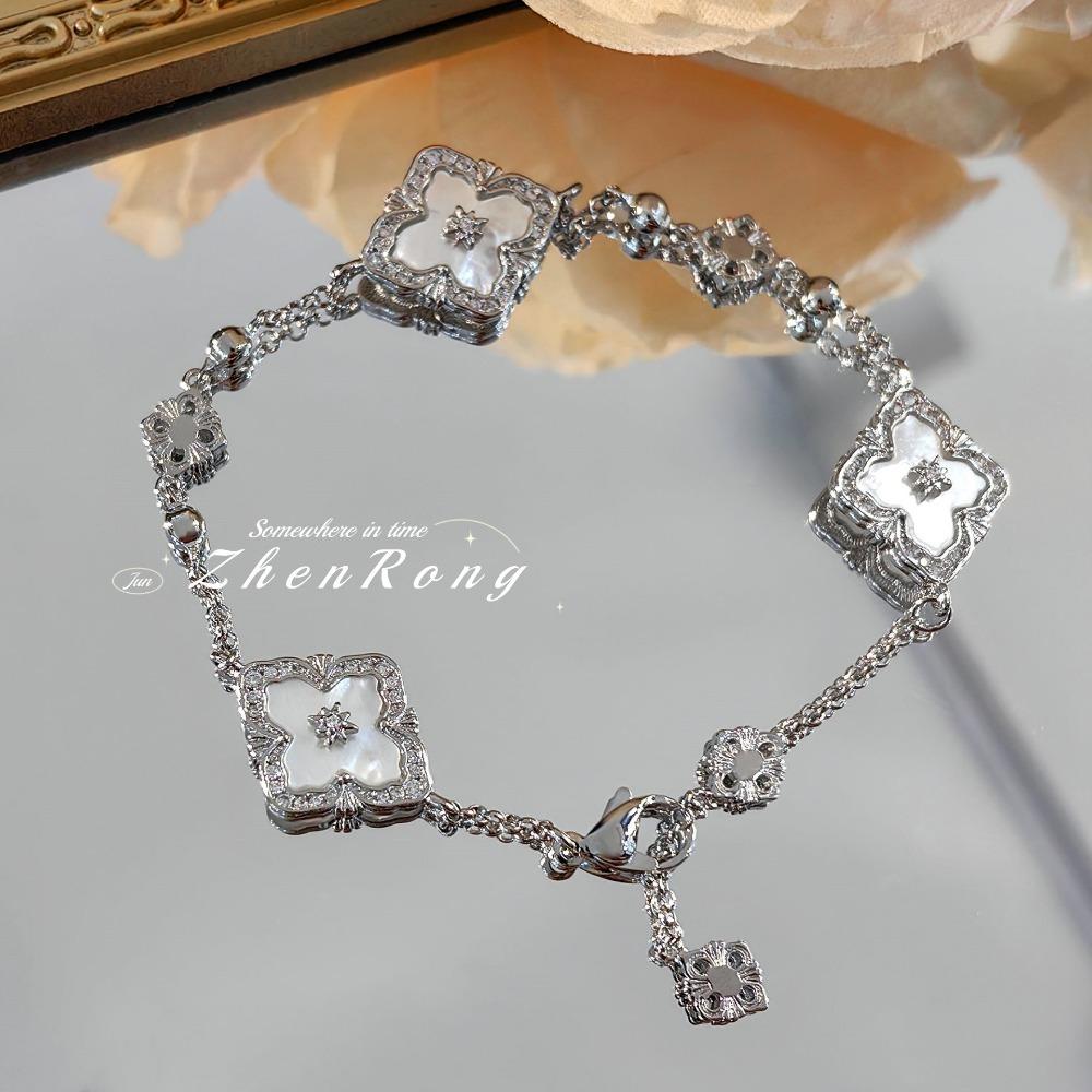 Women Jewelry Set Italian Baroque Gray Mother of Pearl Clover Bracelet White Shell Necklace Ring Earrings