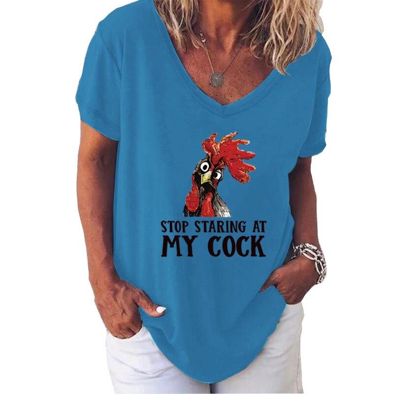 Fashion Spring  Rooster Print Blouses Short Sleeved V-Neck T Shirts Casual