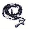 Christ Jesus Wooden Beads Rosary Bead Cross Pendant Woven Rope Chain Necklace Religious Orthodox Praying Jewelry