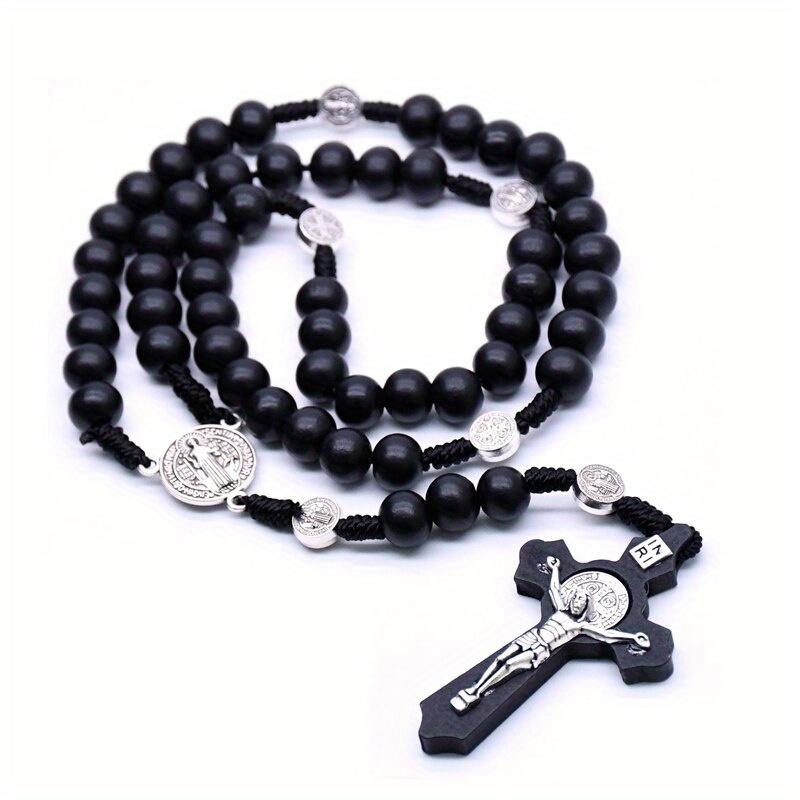 Christ Jesus Wooden Beads Rosary Bead Cross Pendant Woven Rope Chain Necklace Religious Orthodox Praying Jewelry