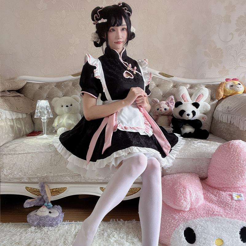 Chinese Style Maid Outfit Cosplay New Chinese Cheongsam Hollow Dress Cute Maid Uniform Set