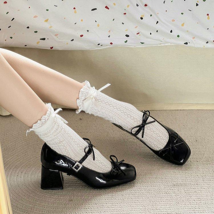 [Armano] Silver Sweet Wind Bow Thick Heel Ballet Single Shoes Women's French Mary Jane Leather Shoes High Heels