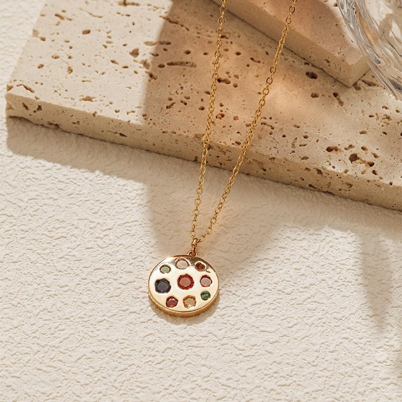 K Gold Plated Brass O Chain Round Pendant Colored Zircon Women Clavicle Necklace
