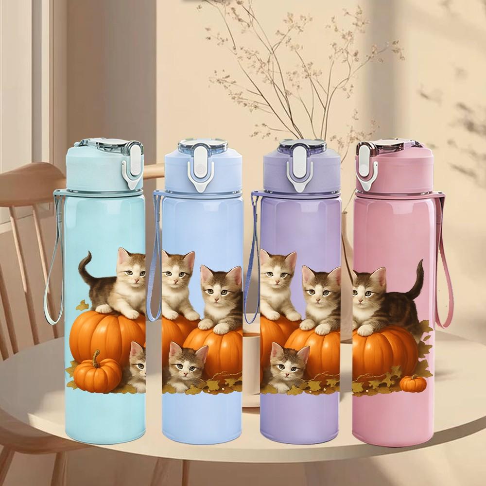 1PC Kitten Pumpkin Autumn 750ml Color Plastic Sports Water Bottle Leakproof Flip Straw Lid Suitable for Sports Office Home Use