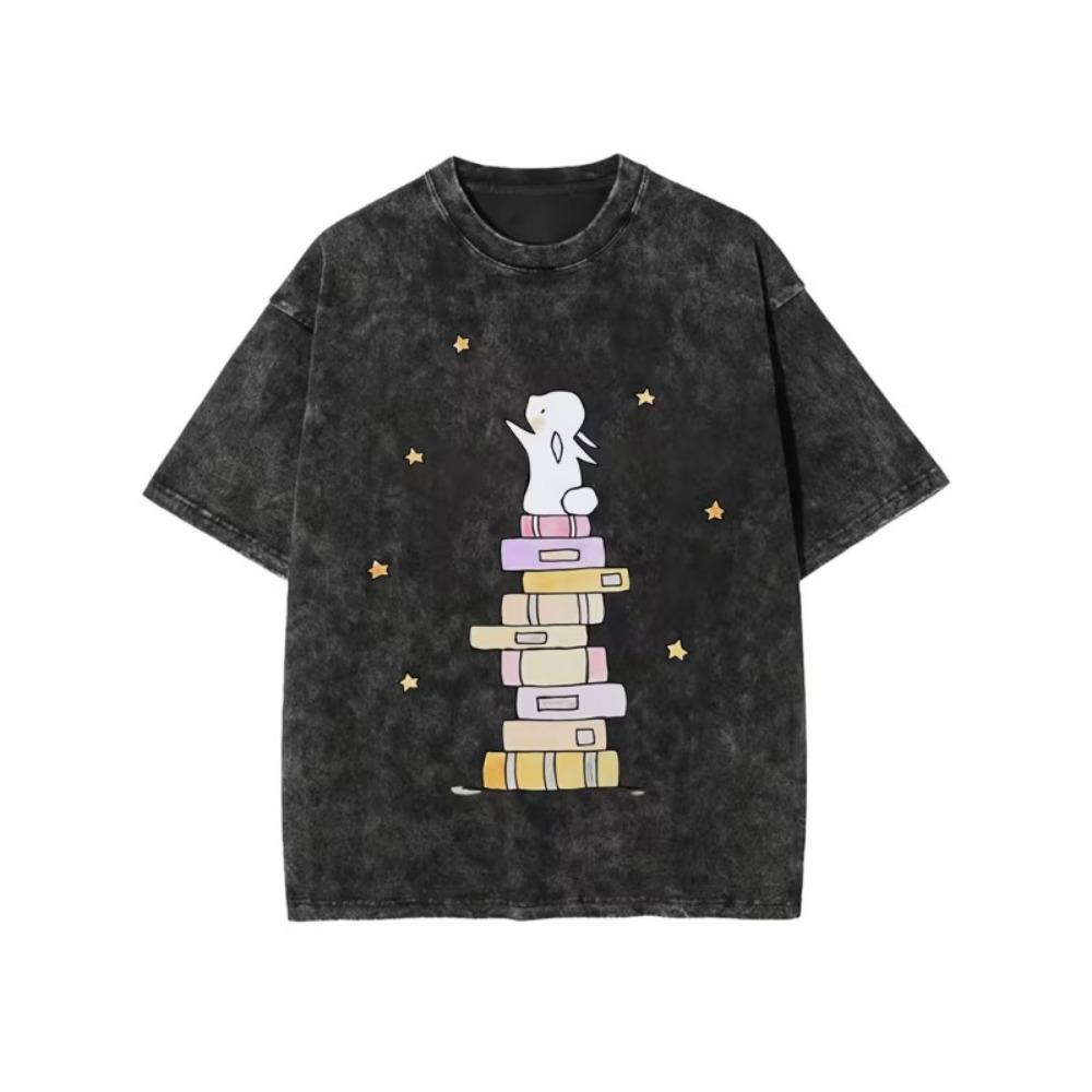 Illustration Cartoon Kaninchen Bücherstapel Druck T-Shirt Vintage Oversized Rundhalsausschnitt Kurzarm für Herren Damen Täglich