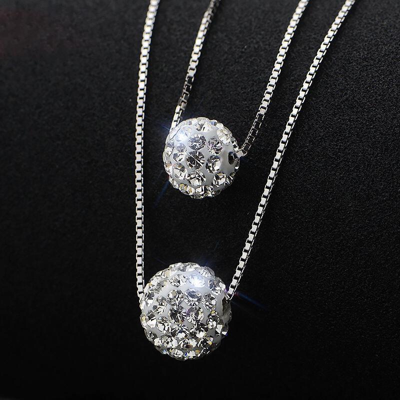 Korean 925 White Gold Clavicle Necklace with Diamond Ball Pendant