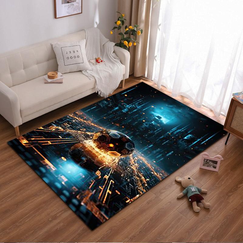 Futuristic Sci-Fi Cityscape with Glowing Soccer Ball Pattern Carpet Suitable for Use As an Anti-slip for Living Room Bedroom Sofas