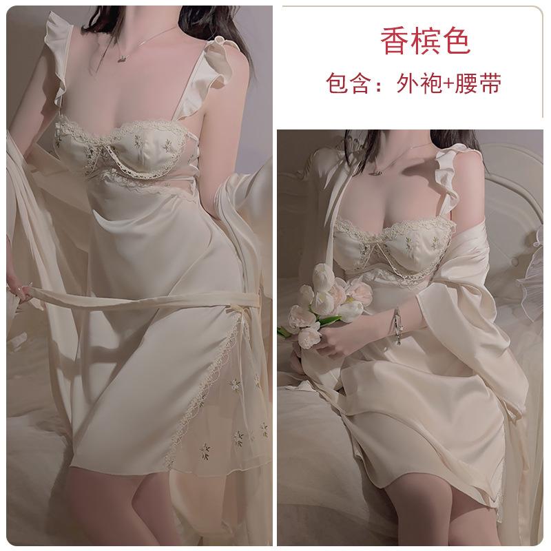 Women's Satin Embroidered Lace Sheer Low Cut Push Up Padded Sleep Dress with Robe Set