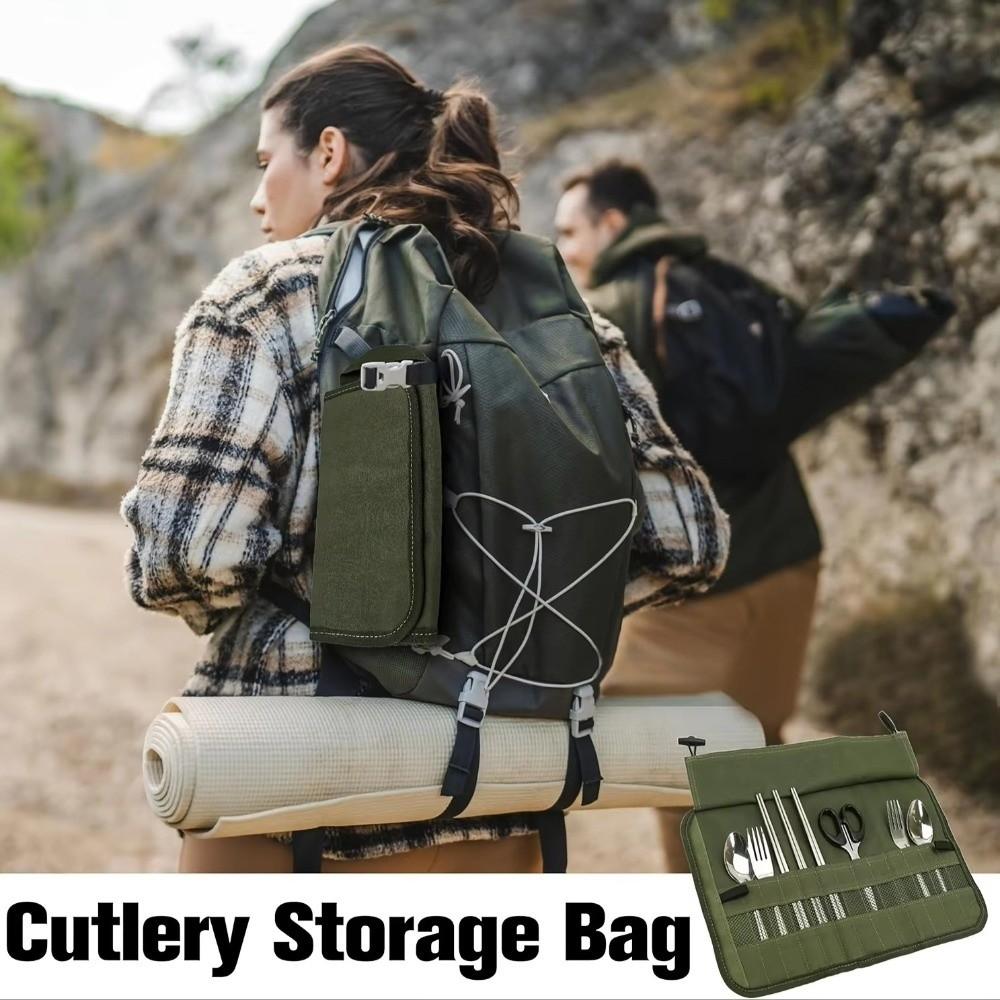 Portable Tableware Storage Bag Oxford Cloth 13 Slots Organizer Pouch Roll Up Style Tableware Storage Case Outdoor Camping Use