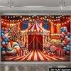 2D Entertainment Carnival Background Scene, Featuring Red and White Striped Tents, Ferris Wheels and Popcorn Machines