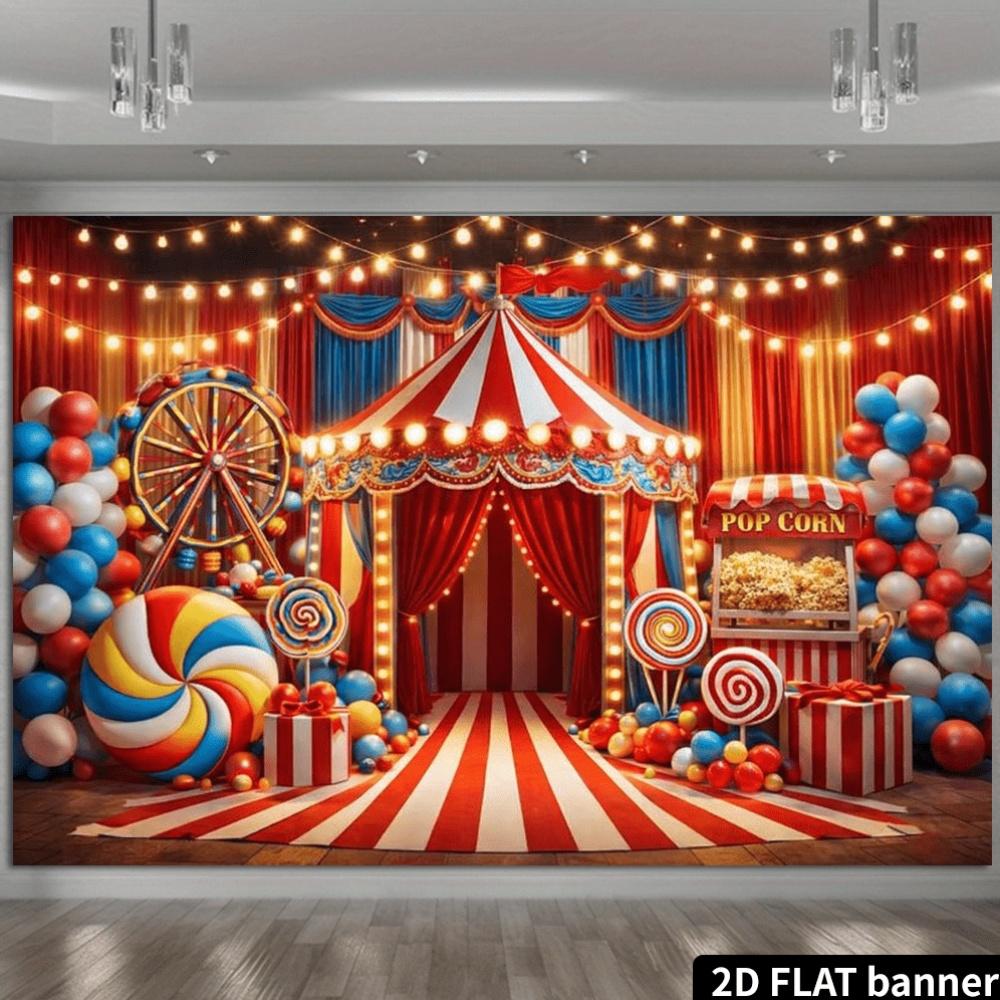 2D Entertainment Carnival Background Scene, Featuring Red and White Striped Tents, Ferris Wheels and Popcorn Machines
