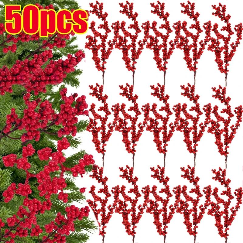 Artificial Red Berries Stems Fake Flower Simulation Christmas Red Holly Berry Branch DIY Wreath Xmas Party Home Table Decoration