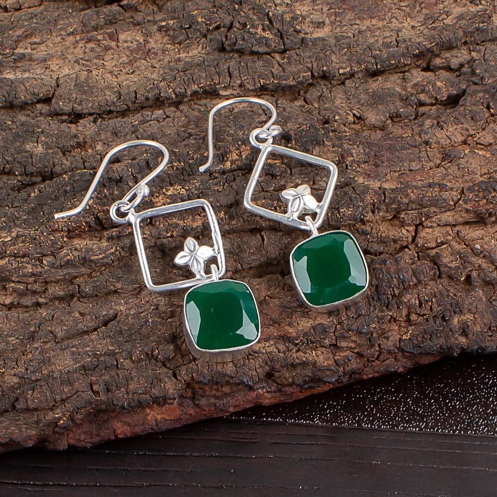 Green Onyx Gemstone 925 Sterling Silver Jewelry Handmade Women Earrings 1.70" EE-10-16