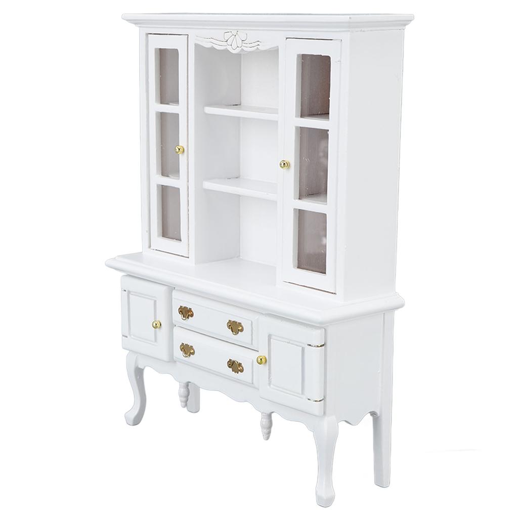 Miniature Cabinet Wooden 1/12 Scale Dollhouse Bookcase Cupboard with Openable Door Drawer for Room White