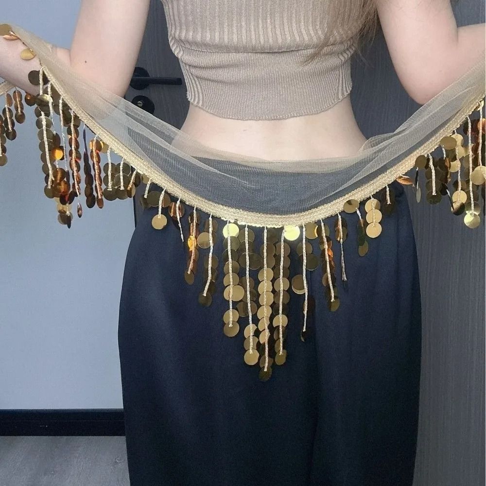 Cymbal Sequins Tassel Waist Wrap Adjustable Tie Dance Hip Skirt Stage Waist Chain Kpop Performance