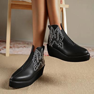 Retro Embroidered Platform Pu Leather Womens Ankle Boots Autumn/Winter Round Toe Wedges Botas Rear Zipper Gothic Shoes