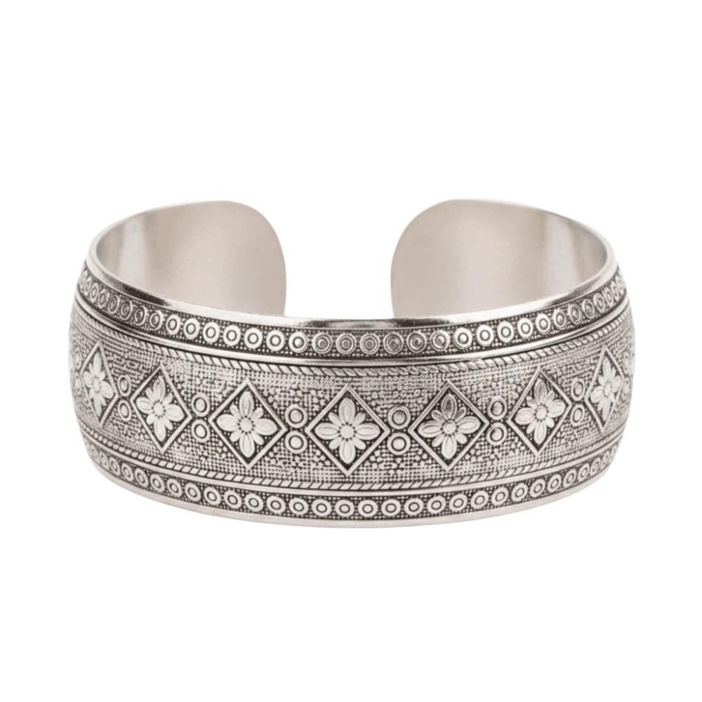 Lotus Silver Opening Bangle Vintage Thai Wrist Jewelry Carved Wide Bracelet Party
