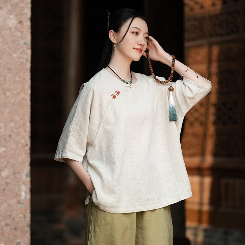 

Johnature Винтажные женские футболки однотонные с круглым вырезом и рукавом половинной длины летние пуговицы свободные футболки One Size бежевый