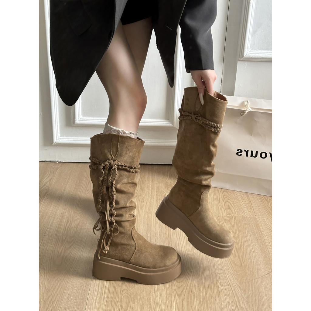 Khaki Retro Kniehohe dicke Sohle Stiefel Damenstiefel Herbst Kleine Absatzsteigerung Ritterstiefel
