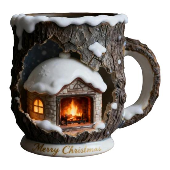 Festive Christmas Mug 3D Tree Bark Texture Themed Santa Reindeer Coffee Cup Resin Holiday Decor Novelty Gifts