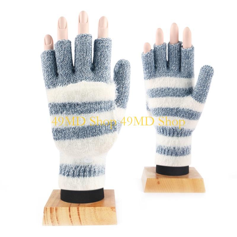 49MD Knitted Fingerless Gloves Winter Striped Gloves Cartoon Mitten with Top