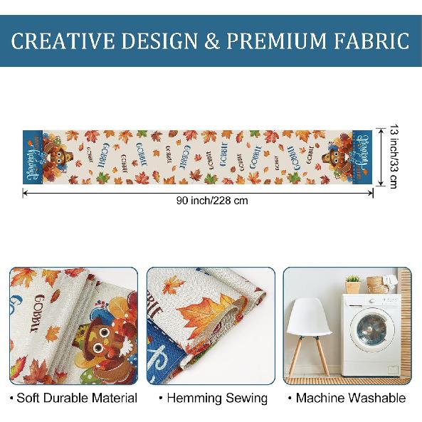 Bonhause Turkey Thanksgiving Table Runner 13x90 Inch Fall Autumn Maple Leaves Gobble Happy Harvest Kitchen Dinning Table Decoration for Indoor