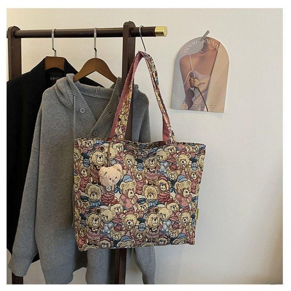 Cartoon Bear Pattern Shoulder Bag Casual Tote Bag Convenient Handbag