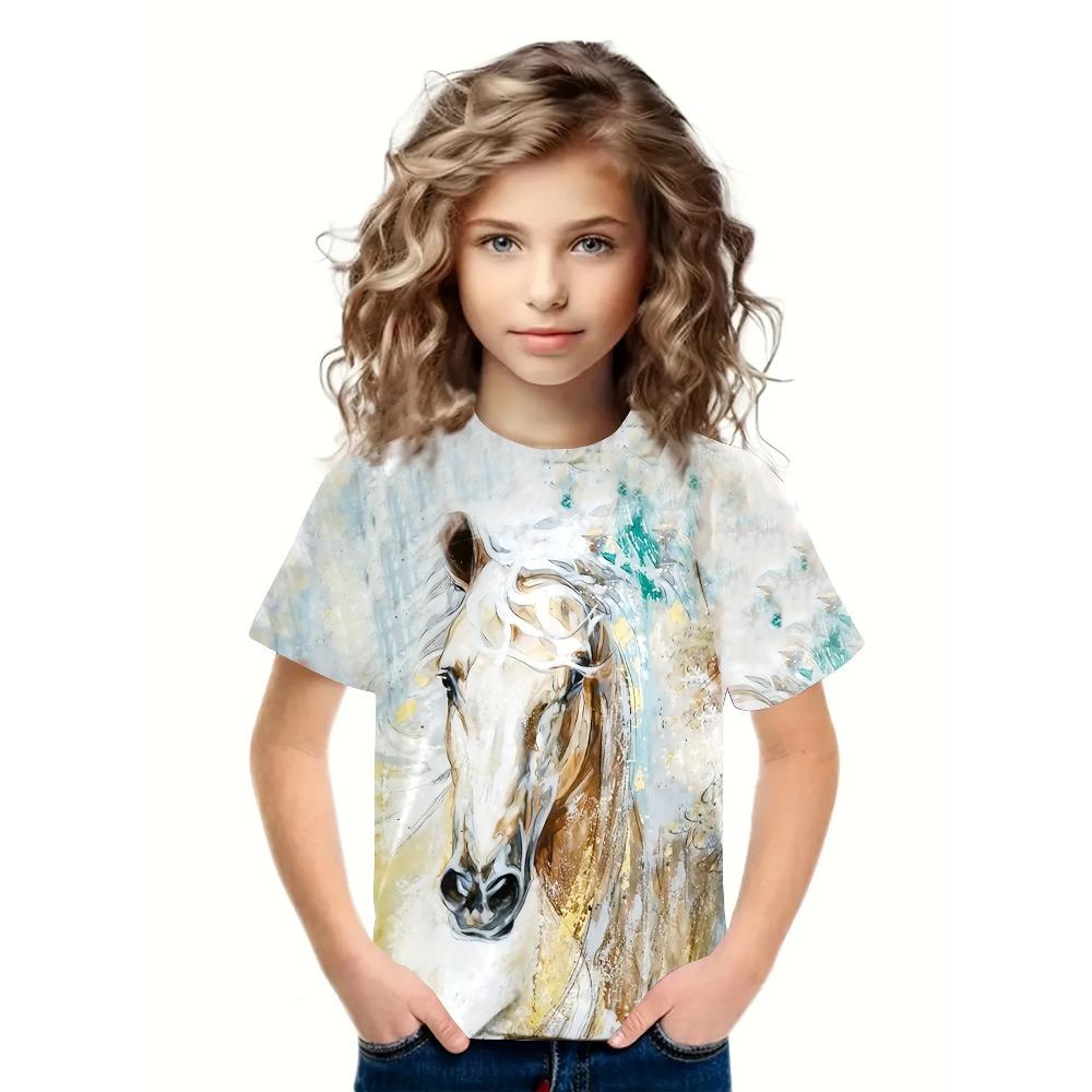 Girls Fashionable 3d Horse Graphic Tee Comfortable Crew Neck Children Girl Short Sleeve Tops Summer Outdoor Kids Clothes