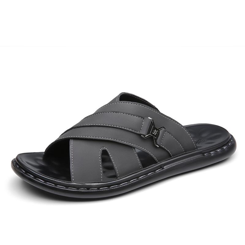 Men Black Leather Slippers Simple Flats Summer Brown Outdoor Roman Sandals Outdoor Beach Shoes Over Sized